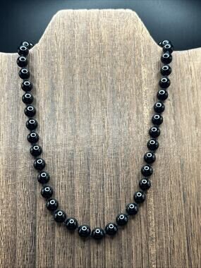 Art Deco Mourning Black Knotted Jet Glass Round Polished Beaded 17" Necklace